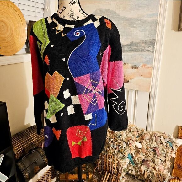 Vtg I.B Diffusion Sweater 90's Bold Retro Geometric Print Embellished Rhinestone - Picture 1 of 15
